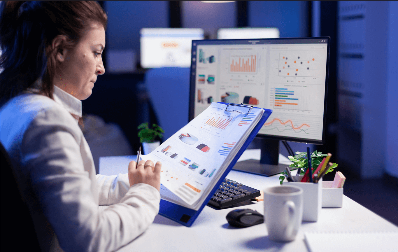 Data visualization dashboard with marketing analytics charts showing campaign performance and insights.