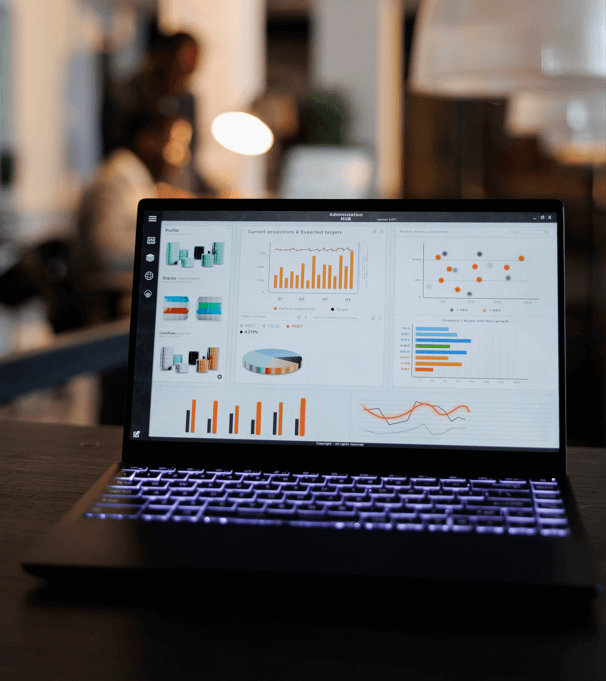 Marketing analytics dashboard showing key performance metrics, charts, and optimization tools on a screen.