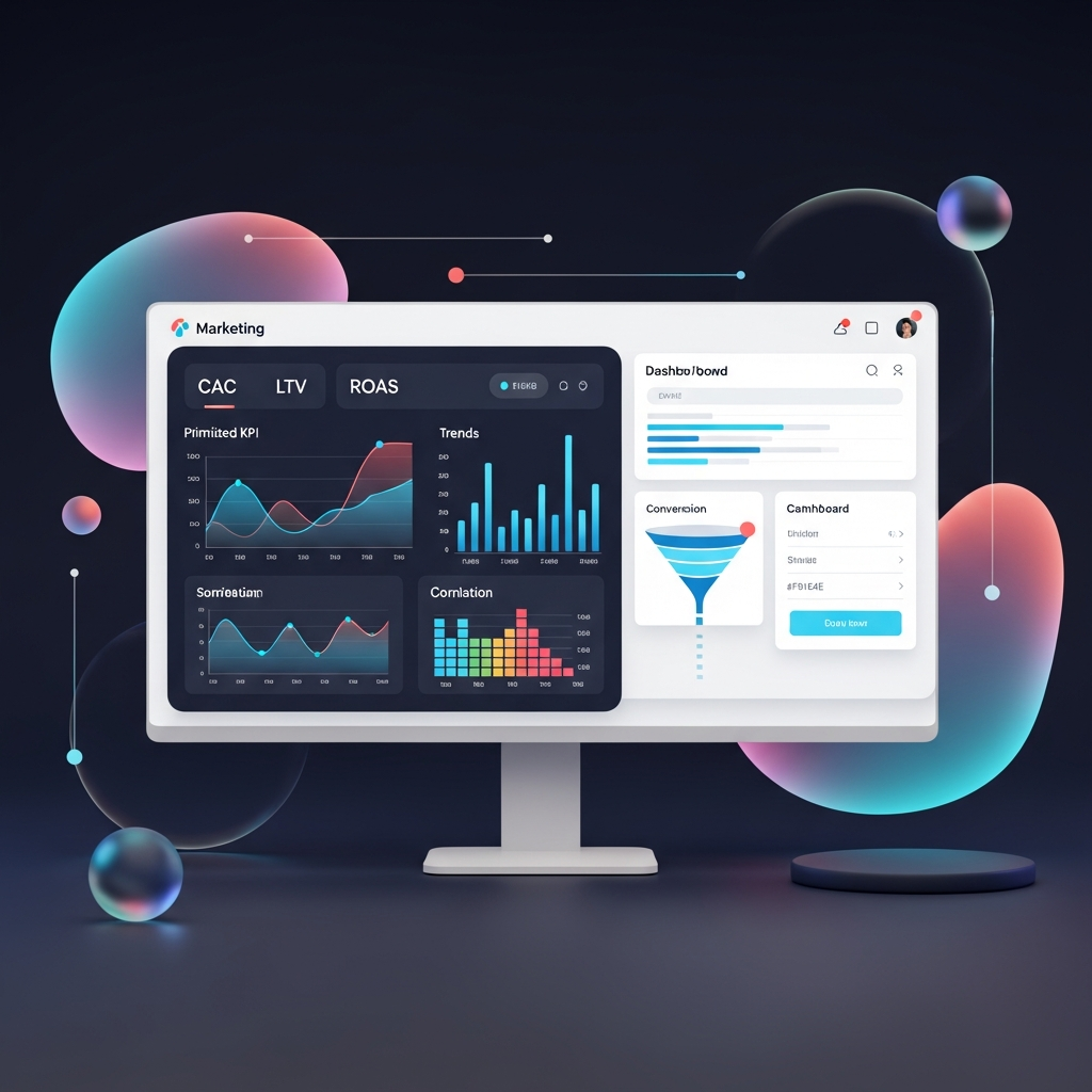 A sleek, interactive marketing dashboard on a widescreen monitor displaying prioritized KPIs (CAC, LTV, ROAS) at the top, with a line chart for trends, a bar chart comparison, a heatmap correlation matrix, and a conversion funnel graphic, with hover-drill-down indicators and clean dashboard widgets.