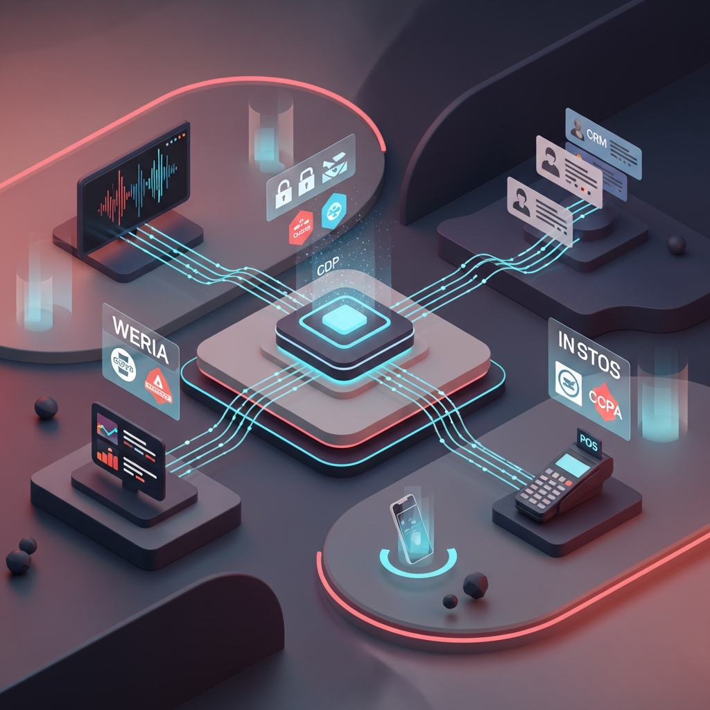Building a Unified Data Ecosystem: visualize a central Customer Data Platform hub receiving real-time streams from web analytics dashboards, CRM systems, mobile app SDKs and in-store POS terminals via Kafka-style pipelines; overlay governance icons like padlocks, GDPR and CCPA badges to represent data quality, consent management and encryption.