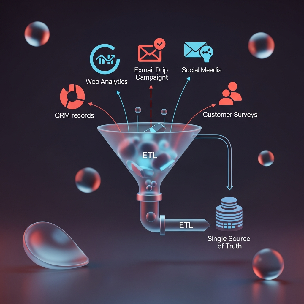 A stylized funnel of multiple marketing data sources—web analytics, CRM records, email and drip-campaign metrics, social media insights, and customer surveys—all flowing through an ETL pipe into a unified data warehouse icon labeled “Single Source of Truth.”