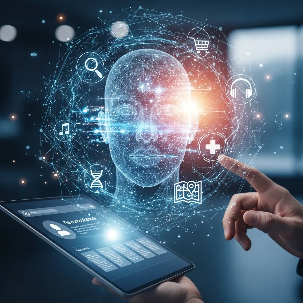 Infographic illustrating artificial intelligence and hyper-personalization, featuring AI-driven data analysis, user behavior tracking, personalized recommendations, machine learning algorithms, customer segmentation, real-time content adaptation, and enhanced user experience across digital platforms.