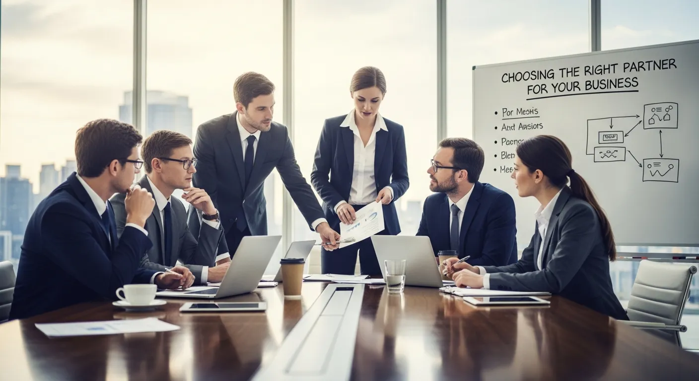 Business decision-making infographic showing how to choose the right partner for your business, featuring criteria such as expertise, trustworthiness, communication, shared goals, performance history, scalability, and long-term collaboration potential.