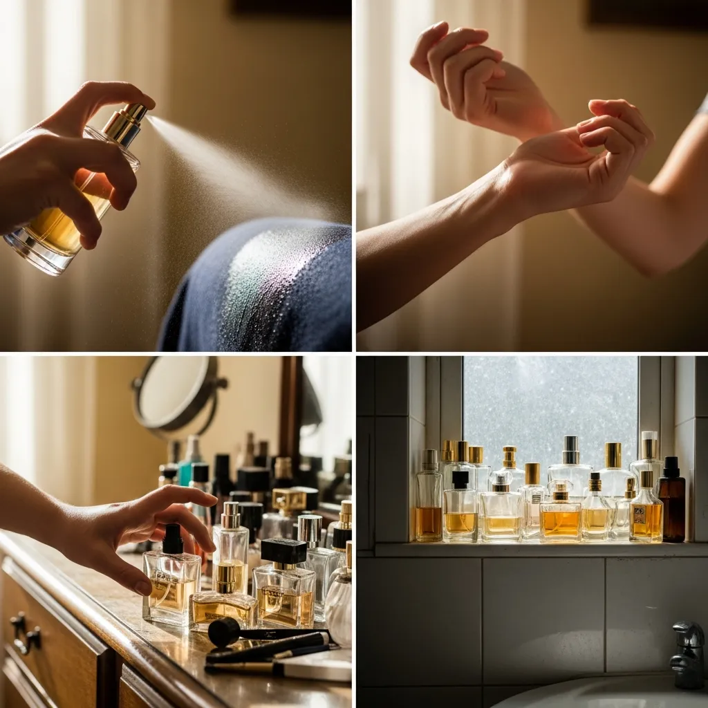 Infographic illustrating common mistakes to avoid with modern perfumery, featuring over-spraying fragrances, ignoring skin chemistry, storing perfumes in heat or sunlight, choosing scents without testing, mixing incompatible fragrance notes, and overlooking seasonal scent selection.