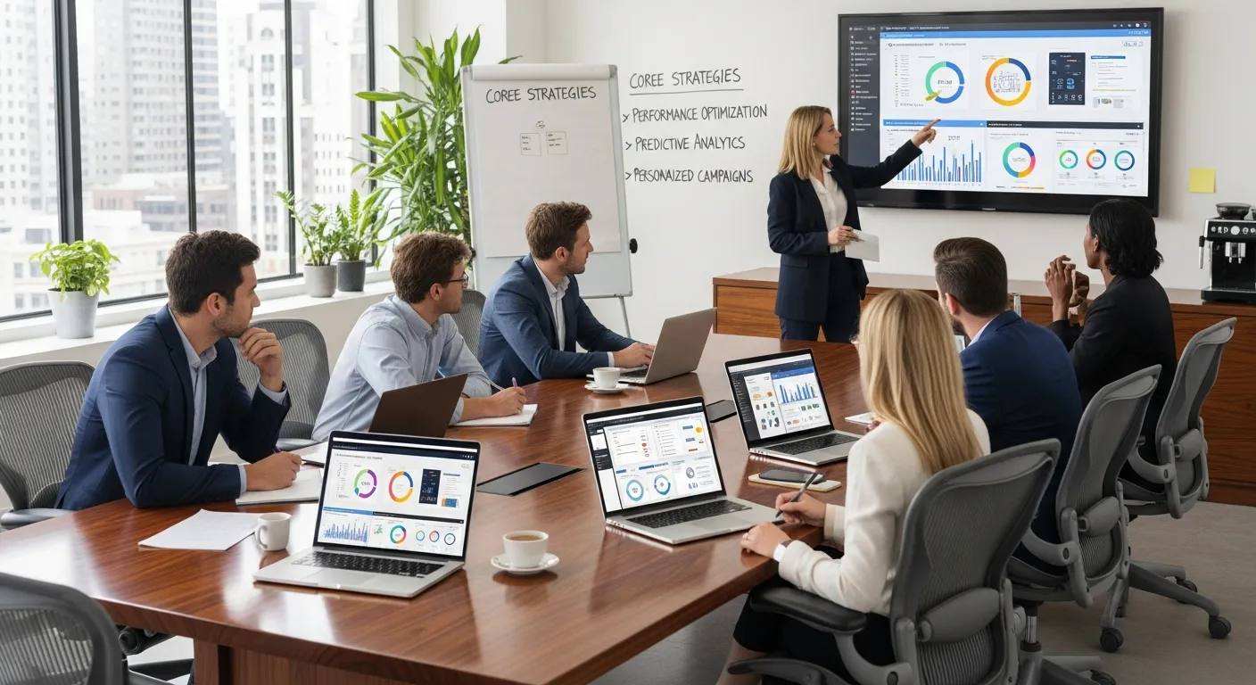 Infographic outlining core strategies of a data driven marketing agency, featuring data analytics, customer segmentation, predictive modeling, performance tracking, A/B testing, personalization, and ROI optimization for marketing campaigns.