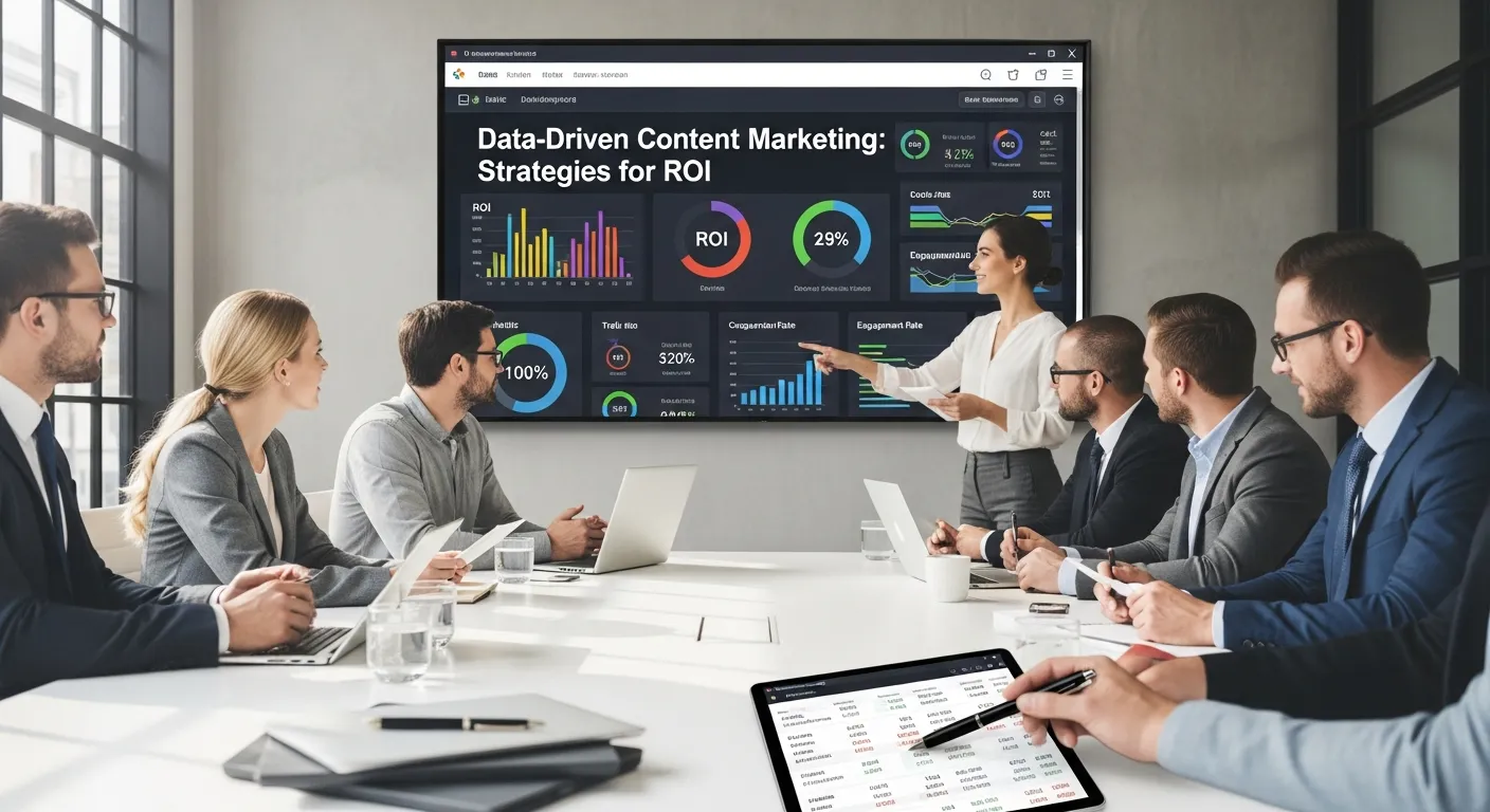 Modern digital marketing infographic illustrating data-driven content marketing strategies for ROI, featuring audience analytics, content performance tracking, conversion funnels, SEO insights, engagement metrics, A/B testing, and revenue growth charts in a clean professional business design.