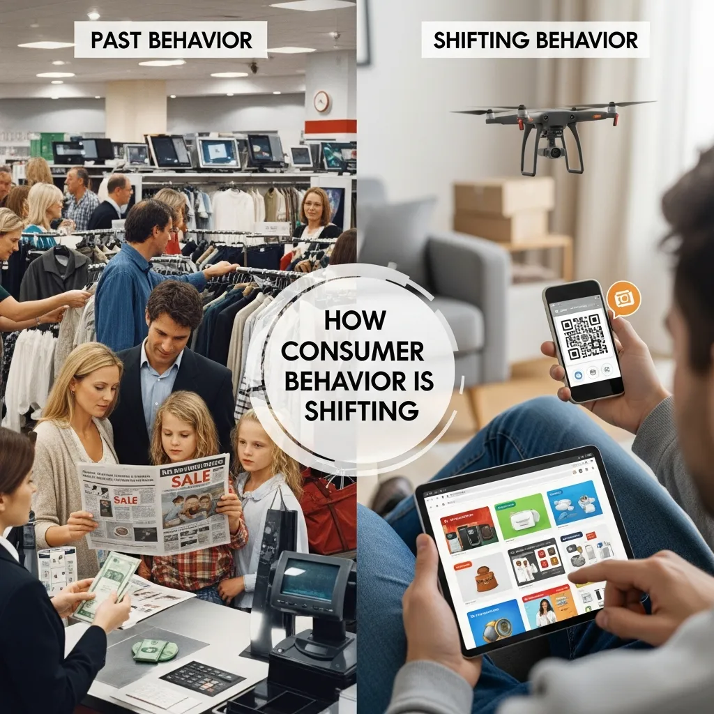 Infographic illustrating how consumer behavior is shifting, featuring increased digital-first shopping, personalized recommendations, mobile commerce growth, social media influence, demand for faster delivery, sustainability awareness, and data-driven purchasing decisions across online and offline channels.