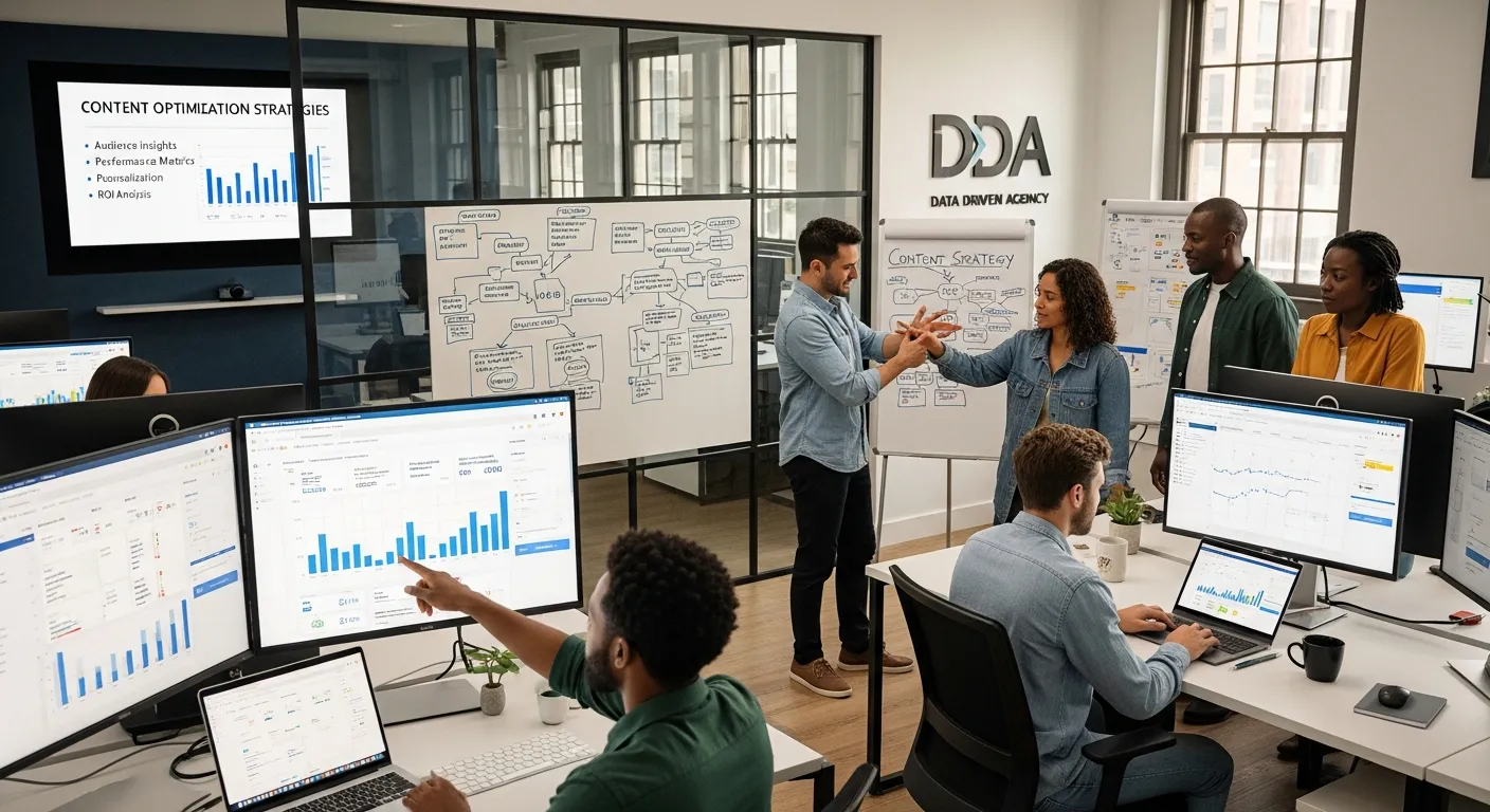 Infographic showing how a data driven marketing agency optimizes content, featuring keyword research, audience insights, performance analytics, A/B testing, content personalization, engagement tracking, and continuous improvement strategies.