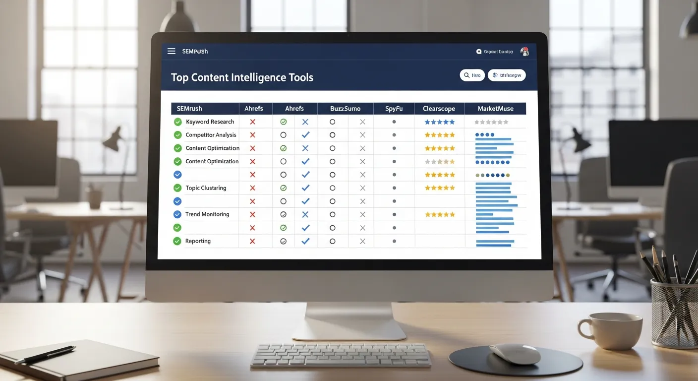 Clean comparison infographic illustrating top content intelligence tools, featuring side-by-side analytics platforms, AI content insights, SEO optimization metrics, competitor analysis dashboards, performance tracking charts, and workflow automation tools in a modern professional marketing design.