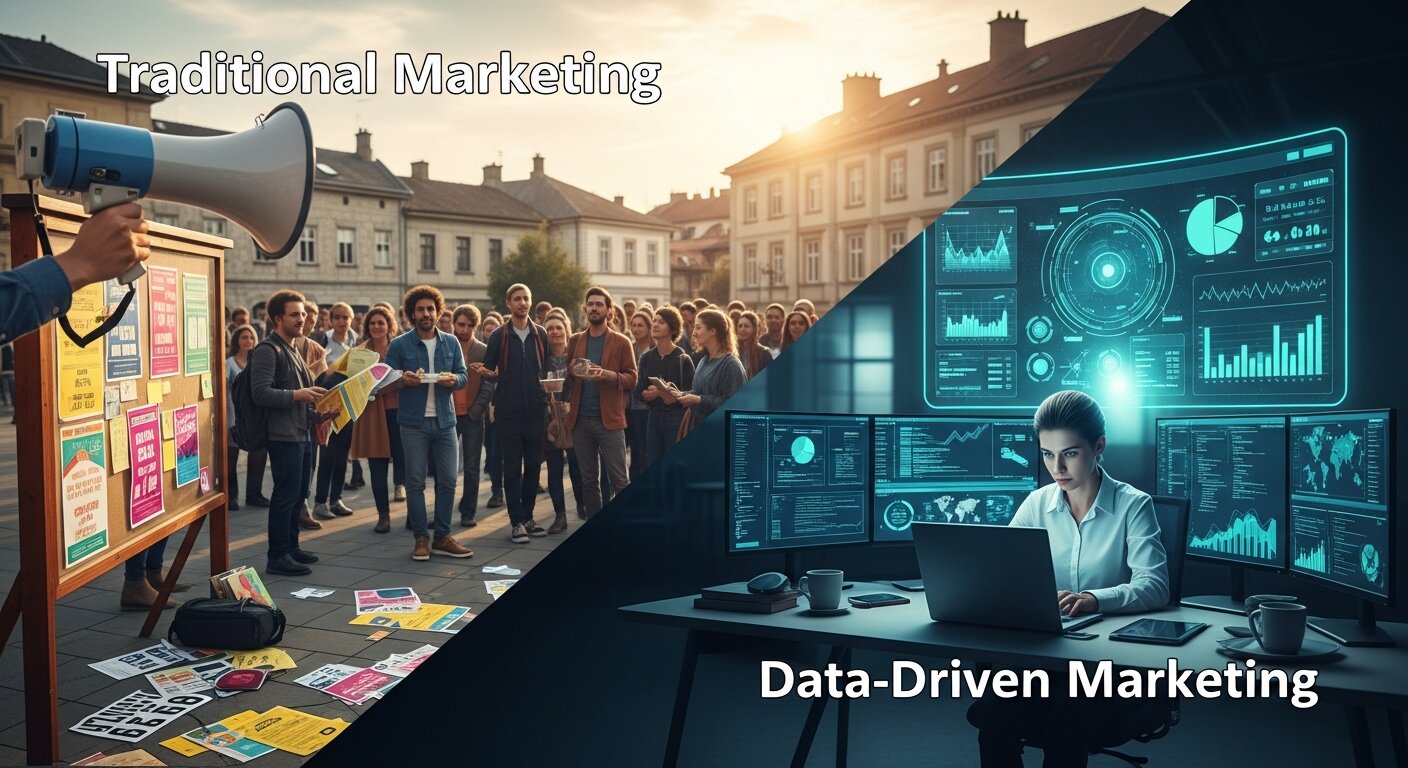 Side-by-side comparison infographic showing traditional marketing versus data-driven marketing, highlighting differences in decision-making, targeting accuracy, analytics usage, personalization, campaign measurement, cost efficiency, and real-time optimization.