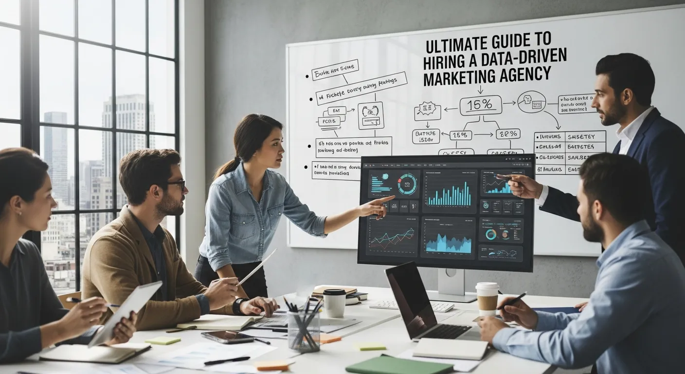 Comprehensive infographic titled Ultimate Guide to Hiring a Data Driven Marketing Agency, illustrating steps such as defining goals, evaluating expertise, reviewing analytics capabilities, assessing case studies, comparing pricing models, and selecting the right agency partner.
