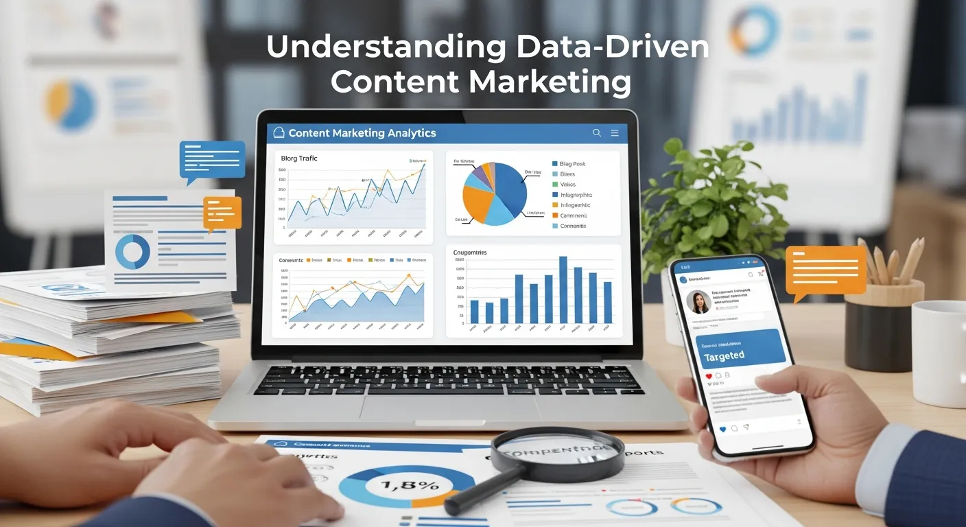 Clean professional infographic illustrating understanding data-driven content marketing, featuring analytics dashboards, audience behavior insights, content performance metrics, SEO tracking, engagement data, and optimization cycles in a modern digital marketing design.