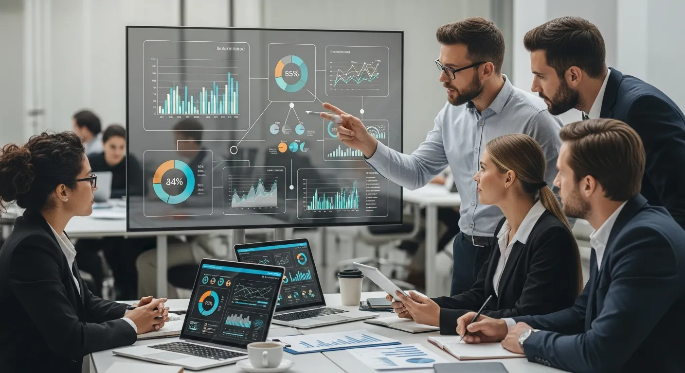 Modern business infographic illustrating why your business needs a data-driven approach, featuring analytics dashboards, customer insights, KPI tracking, performance metrics, decision-making based on data, marketing optimization, and growth charts in a clean professional design.