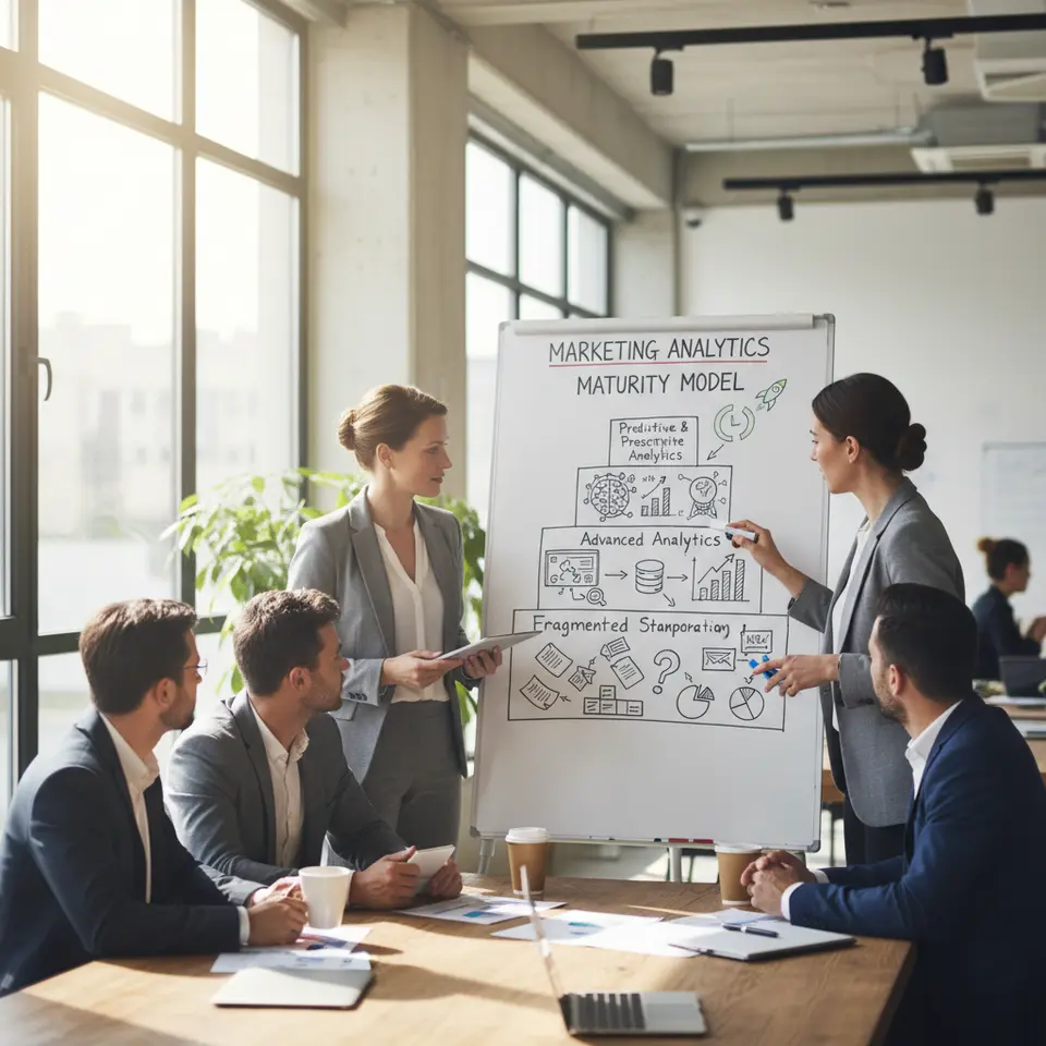 A five-level ascending block diagram illustrating the Marketing Analytics Maturity Model: each tier labeled with one stage—Fragmented Reporting, Reporting Standardization, Advanced Analytics, Predictive & Prescriptive Analytics, and Data-Driven Optimization—and accompanied by distinct icons (e.g., scattered spreadsheets, a unified dashboard, statistical charts, a machine learning brain, and real-time optimization signals).