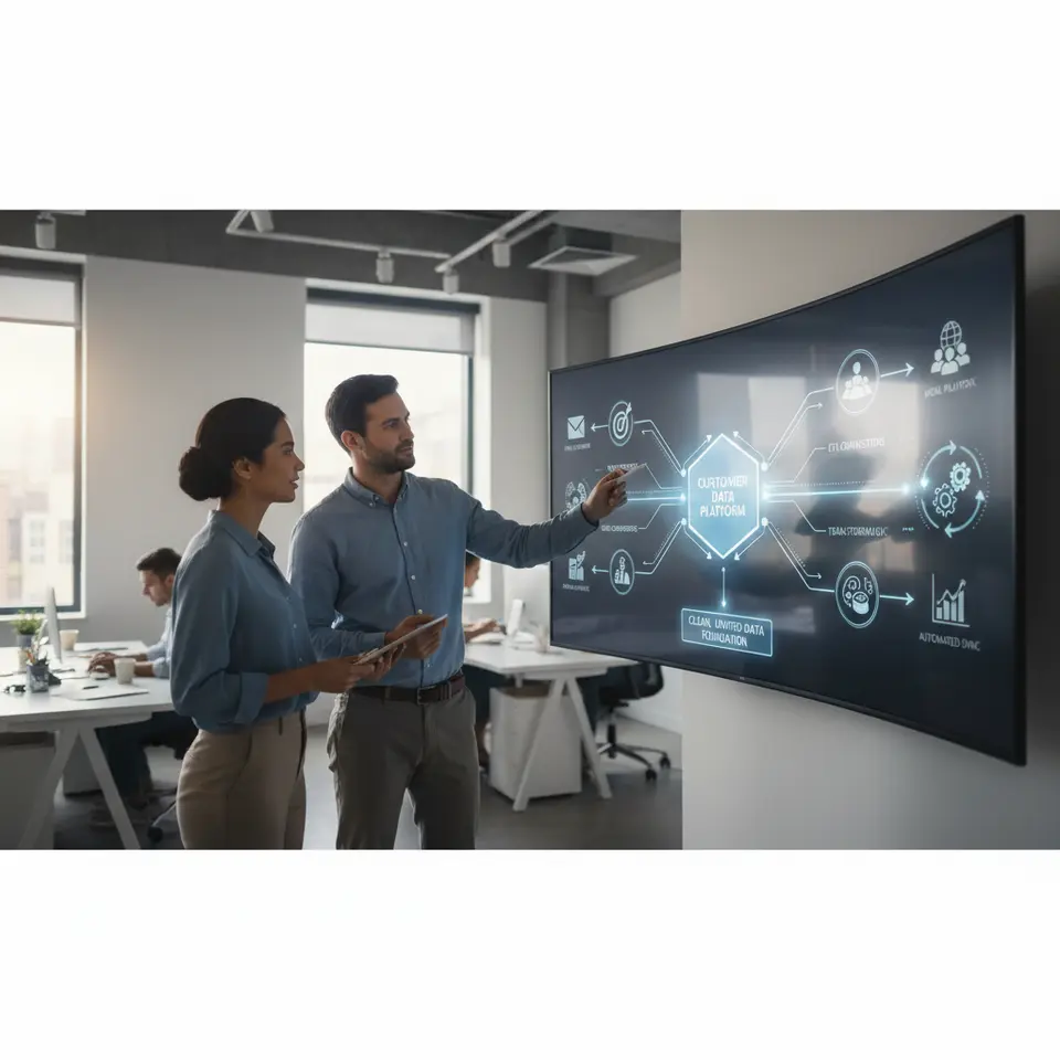 A data integration pipeline showing multiple source icons (email platform, ad network, CRM database, web analytics) feeding through ETL connectors into a centralized data warehouse or customer data platform. Include visual elements for data cleansing, transformation gears, and automated sync arrows to convey a clean, unified data foundation.