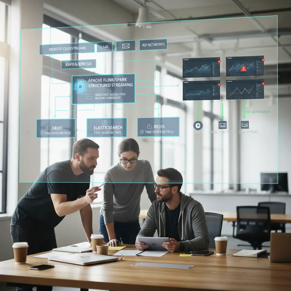 A multi-layered real-time analytics infrastructure diagram showing: event data streaming in from diverse sources (website clickstreams, mobile apps, CRM, email, ad networks) into ingestion tools like Kafka/Kinesis; a central processing engine (Apache Flink/Spark Structured Streaming) performing windowed aggregations, anomaly detection, and record enrichment; low-latency datastores (Druid/Elasticsearch/Redis) holding time-series metrics; live dashboards (Tableau/Looker/Power BI) with alert icons; and automated activation arrows feeding insights back into DSPs, email platforms, and CMS systems.