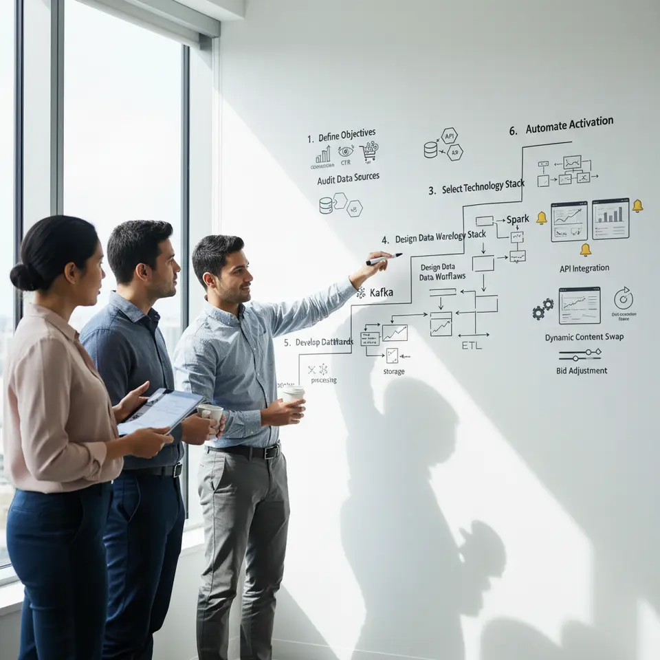 A clean, step-by-step implementation roadmap graphic laid out as a horizontal timeline or ascending staircase with six distinct milestones: 1) Define Objectives (conversion, CTR, AOV icons), 2) Audit Data Sources (database and API icons), 3) Select Technology Stack (streaming, processing, storage logos), 4) Design Data Workflows (schema diagrams and transformation arrows), 5) Develop Dashboards & Alerts (dashboard mockups with bell icons), 6) Automate Activation (API integration, dynamic content swap and bid adjustment symbols).