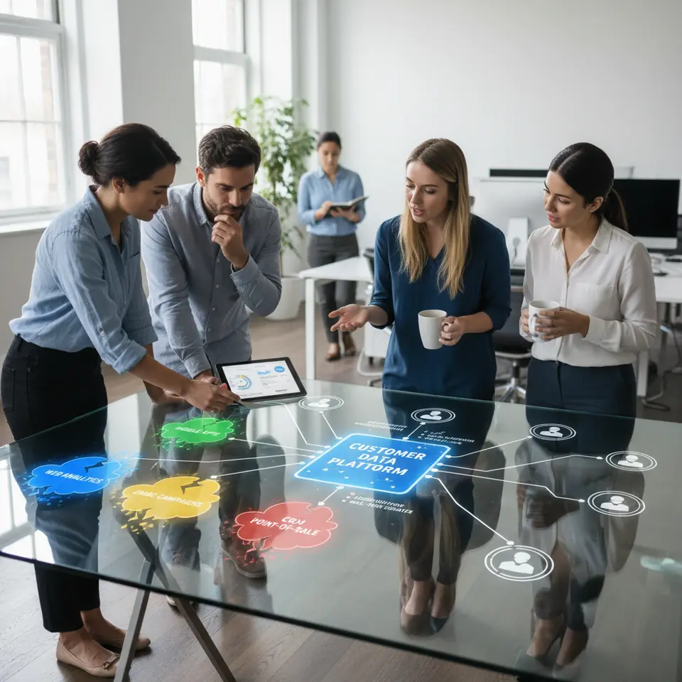 Diagram showing fragmented data silos across marketing channels—web analytics, mobile apps, email campaigns, CRM, and point-of-sale—converging into a centralized Customer Data Platform that resolves identities and updates unified profiles in real time