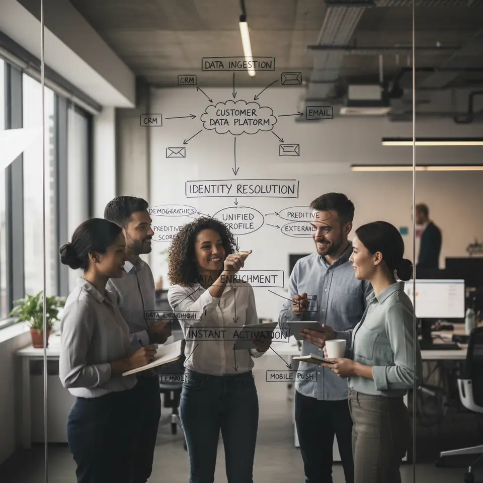 Layered flowchart of a Customer Data Platform’s key features: seamless data ingestion from diverse sources, identity resolution graph merging multiple customer IDs, data enrichment with demographic and predictive insights, and instant activation of personalized campaigns